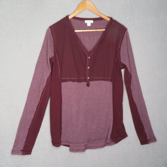 Sundance Waffle Knit Henley Shirt Medium Reddish Purple Long Sleeve Thumbholes - Picture 2 of 11